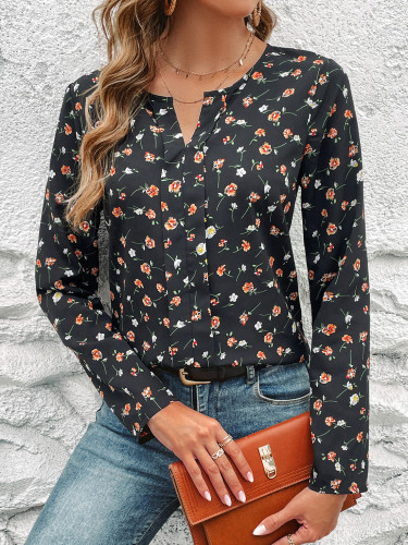 Women's 2024 V-Neck Floral Print Long Sleeve Casual Shirt Top
