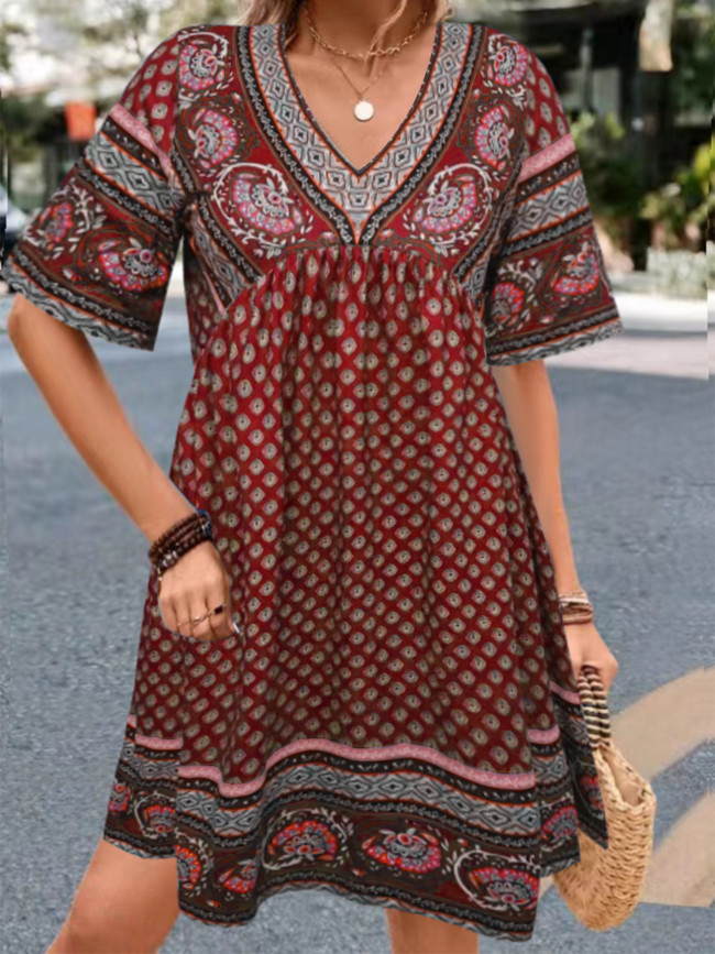 Women's 2024 Sumer Bohemian Dress V-Neck Short Sleeve Tribal Midi Dress Holiday Dress