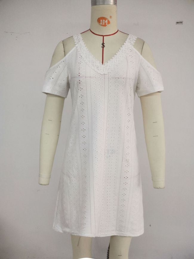 Women's 2024 Sumer Boho Dress V-Neck Hollow Out Short Sleeve Mini Dress