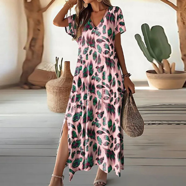 Women's 2024 Sumer Casual Dress V-Neck Short Sleeve Long Maxi Dress Holiday Dress