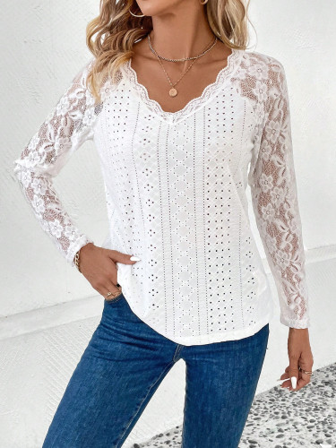 Women's 2024 Lace Shirt V-Neck Lace Long Sleeve Hollow Out White Shirt Tee