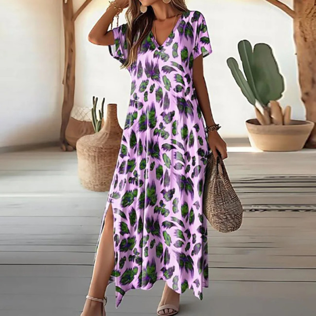 Women's 2024 Sumer Casual Dress V-Neck Short Sleeve Long Maxi Dress Holiday Dress
