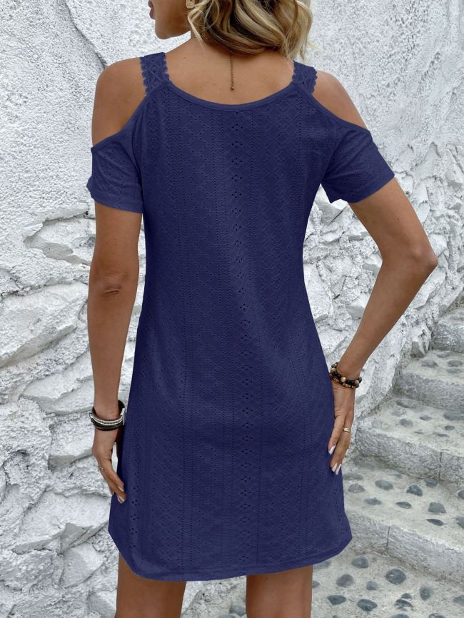 Women's 2024 Sumer Boho Dress V-Neck Hollow Out Short Sleeve Mini Dress