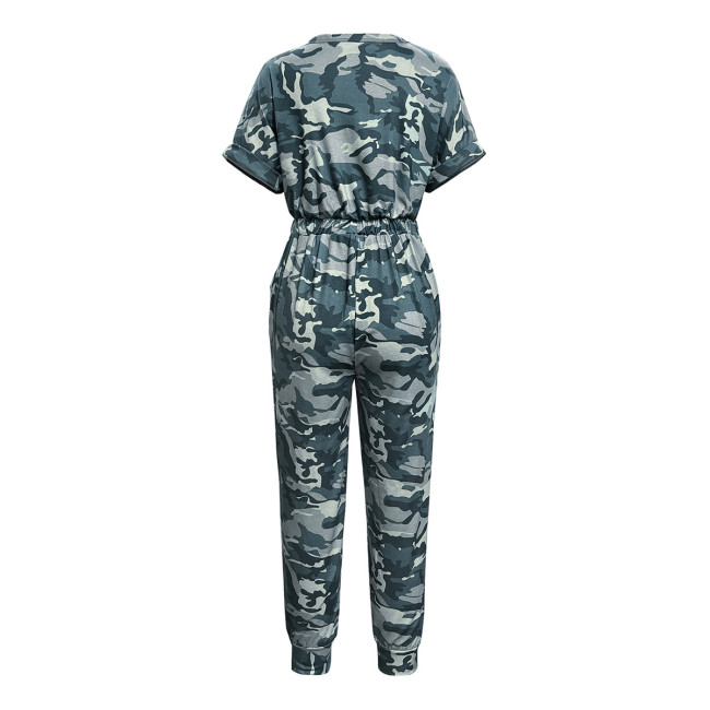 Women's 2024 V-Neck Camouflage Print Short Sleeve Jumpsuit Overall One Piece