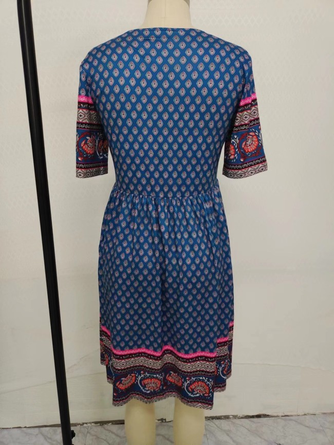 Women's 2024 Sumer Bohemian Dress V-Neck Short Sleeve Tribal Midi Dress Holiday Dress