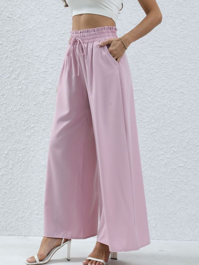 Women's 2024 Elastic High Waist Wide Leg Pink Casual Pant