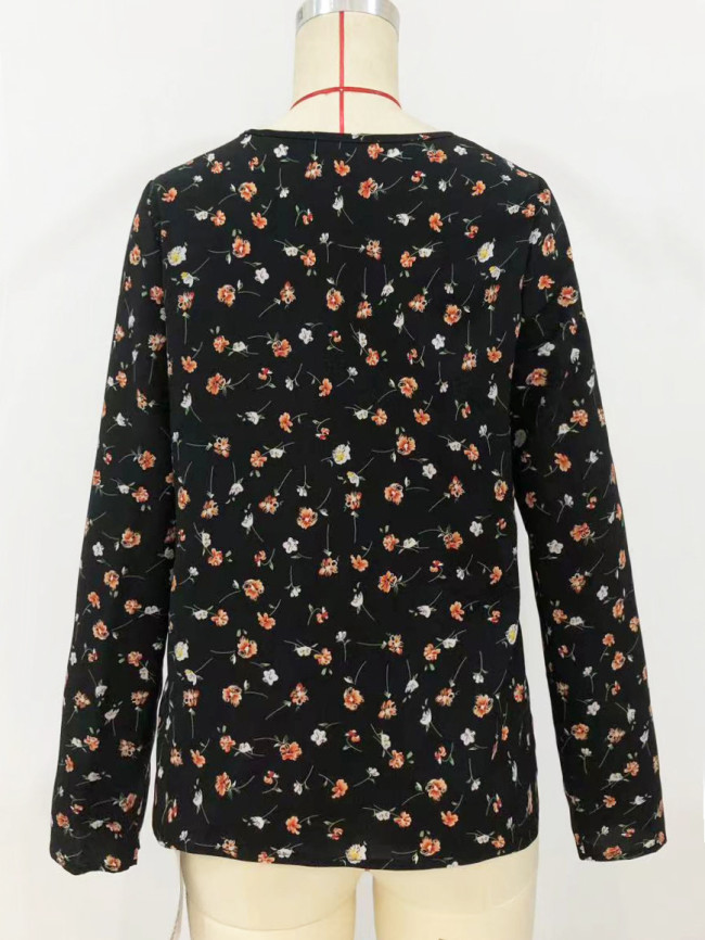 Women's 2024 V-Neck Floral Print Long Sleeve Casual Shirt Top