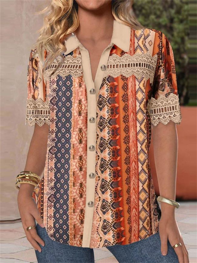 Women's 2024 Vintage Tribal Patchwork Short Sleeve Lapel Single Breasted Shirt Top