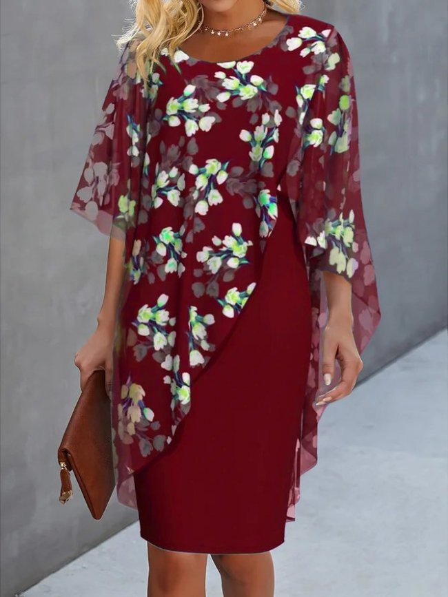 Women's Mother of the Bride Dress Chiffon Floral Print Patchwork Dress Party Dress