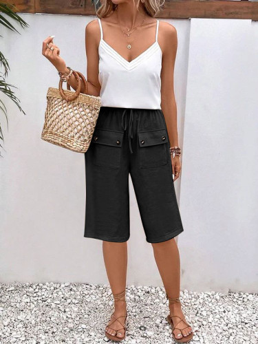 Women's 2024 Elastic High Waist Mid Length Straight Pant with Front Pocket