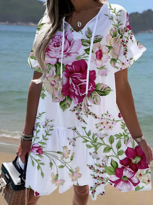 Women's 2024 Floral Dress Summer Holiday Flower Print V-Neck Short Sleeve Boho Beach Dress