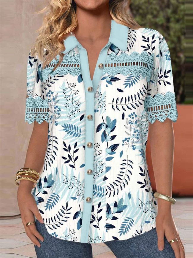 Women's 2024 Little Floral Print Short Sleeve Lapel Single Breasted Shirt Top Spring Summer Outfit Shirt