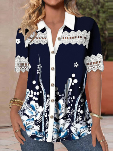Women's 2024 Floral Short Sleeve Lapel Single Breasted Shirt Top Spring Summer Outfit Shirt