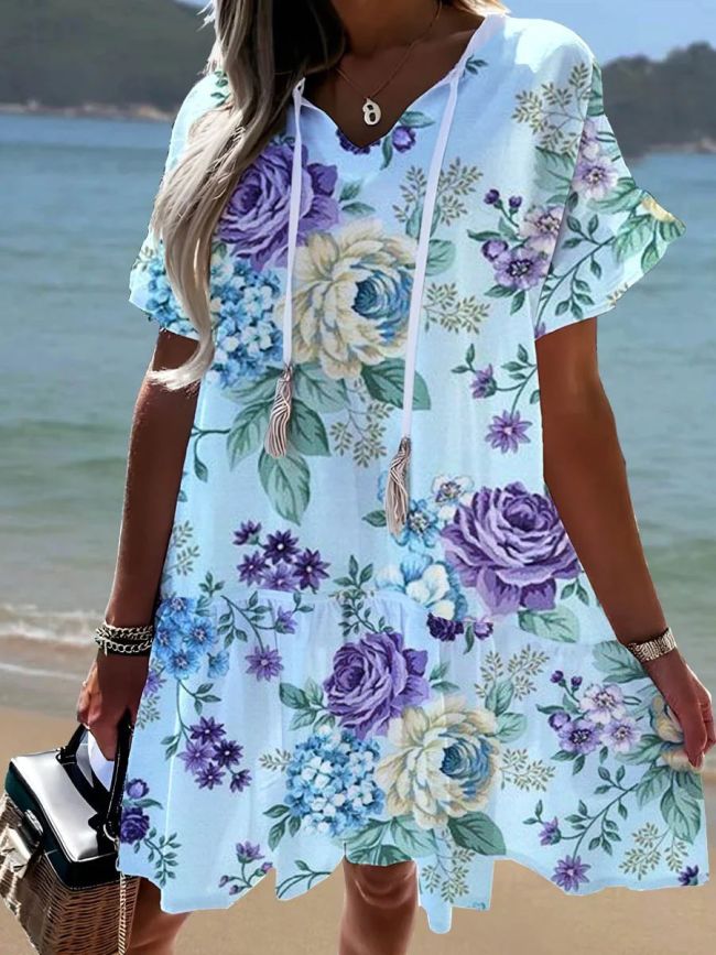 Women's 2024 Floral Dress Summer Holiday Flower Print V-Neck Short Sleeve Boho Beach Dress