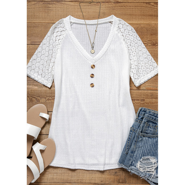 Women's 2024 V-Neck Casual T-Shirt Lace Short Sleeve Waffle White Shirt