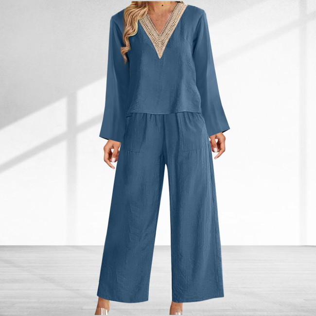 Women's 2024 Solid Casual 2Piece Set Lace V-Neck Long Sleeve Top and Wide Leg Pant Cotton Linen