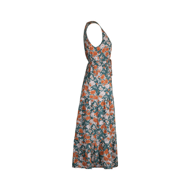 Women's 2024 Summer Floral Dress V-Neck Sleeveless Hight Waist Beach Dress Holiday Dress