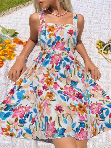 Women's 2024 Boho Floral Dress Sleeveless Hight Waist Beach Dress Holiday Mini Dress