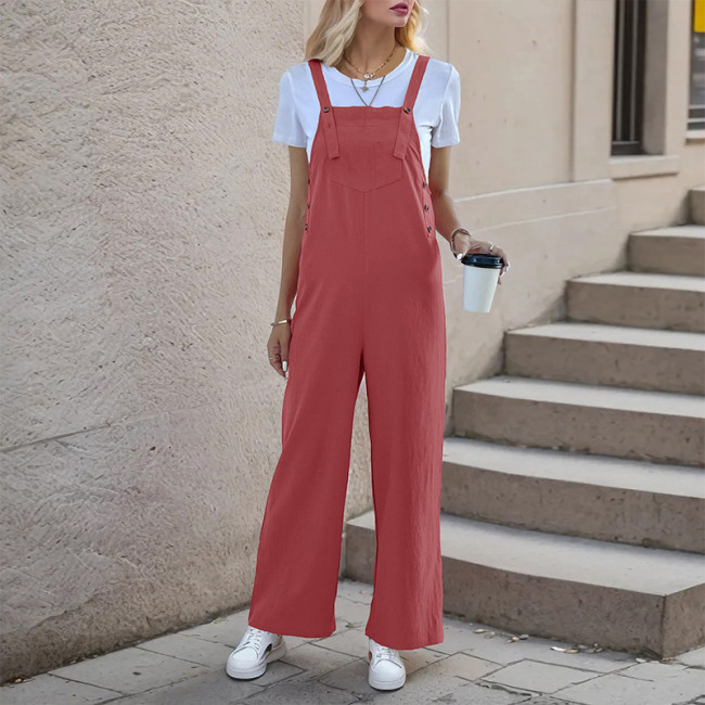 Women's 2024 Solid Jumpsuit Sleeveless Front Pocket Jumpsuit Overall