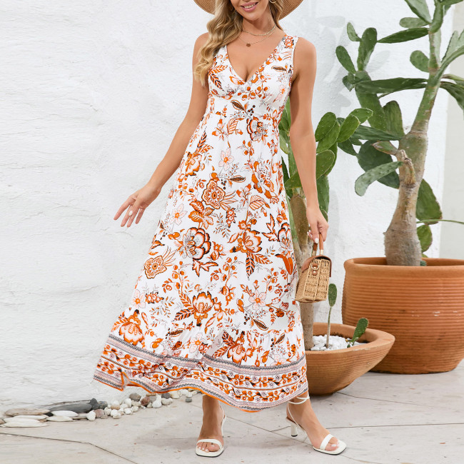 Women's 2024 Summer Floral Dress V-Neck Sleeveless Beach Dress Holiday Maxi Dress