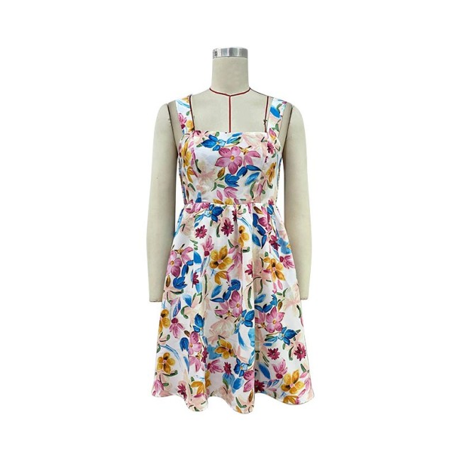 Women's 2024 Boho Floral Dress Sleeveless Hight Waist Beach Dress Holiday Mini Dress