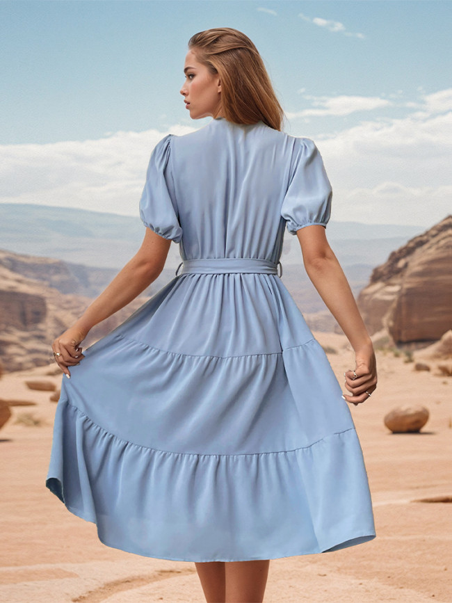 Women's 2024 Summer Solid Casual Dress Stand Collar Pleated Short Sleeve Ruffle Dress