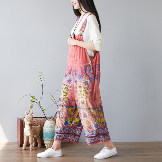 Women's Tribal Vintage Jumpsuit Floral Print Loose Jumpsuit Overall Denim Jumpsuit