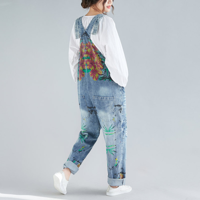 Women's Retro Denim Jumpsuit Overall Ins Floral Print Loose Workwear Jumpsuit for Street School