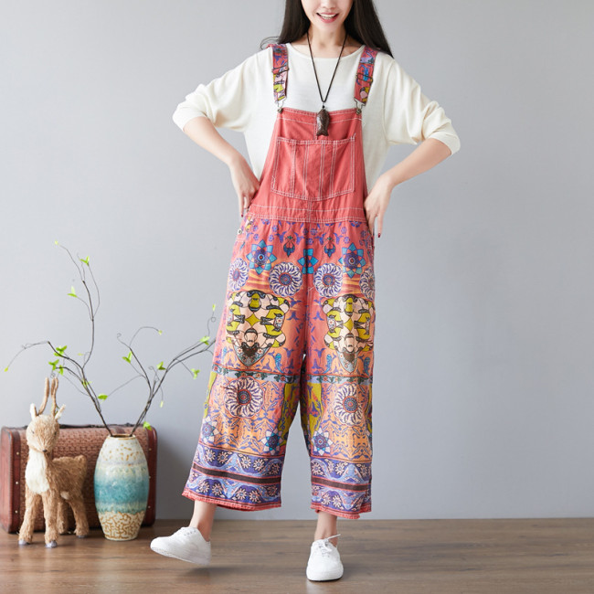 Women's Tribal Vintage Jumpsuit Floral Print Loose Jumpsuit Overall Denim Jumpsuit