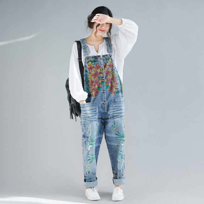 Women's Retro Denim Jumpsuit Overall Ins Floral Print Loose Workwear Jumpsuit for Street School