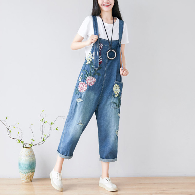 Women's Retro Embroidery Floral Denim Jumpsuit Overall Loose Workwear Jumpsuit for Street School