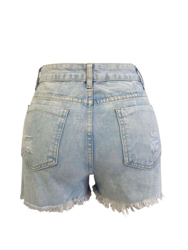 Women's 2024 Denim Shorts High Waist Distressed Side Zipper Denim Short Jeans