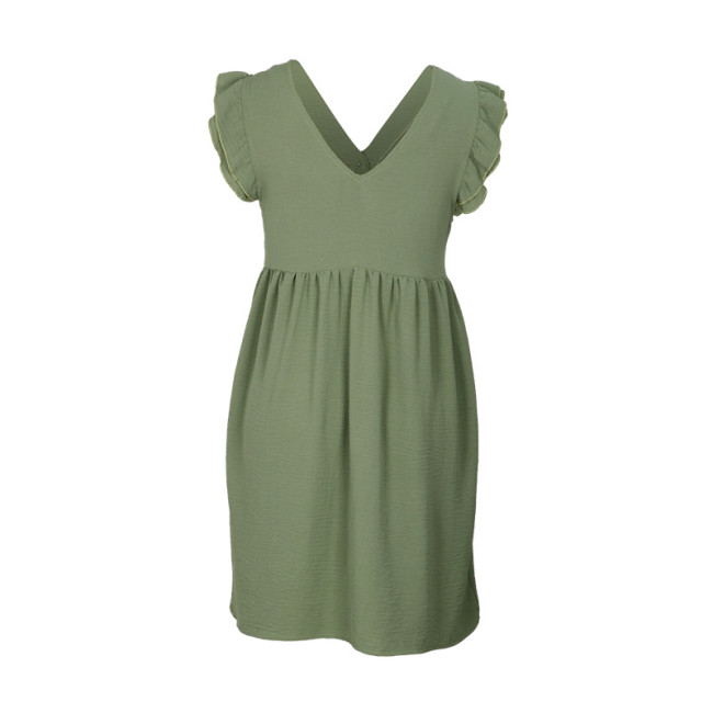 Women's 2024 V-Neck Casual Dress Ruff Short Sleeve Single Breasted Mini Dresses