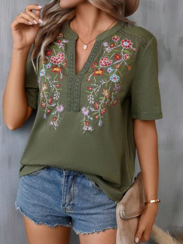 Women's 2024 Embroidery Floral T-Shirt V-Neck Short Sleeve Tribal Tee