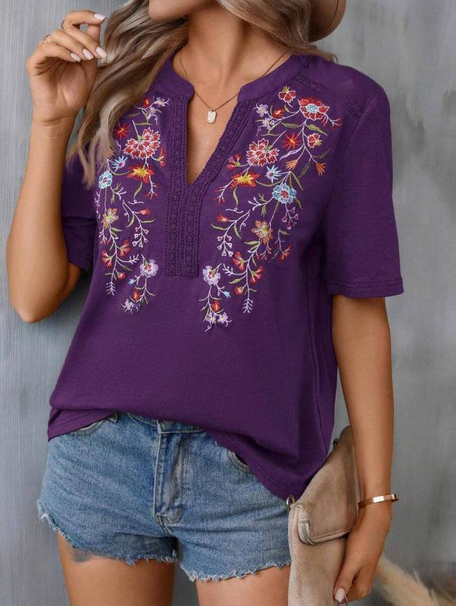 Women's 2024 Embroidery Floral T-Shirt V-Neck Short Sleeve Tribal Tee