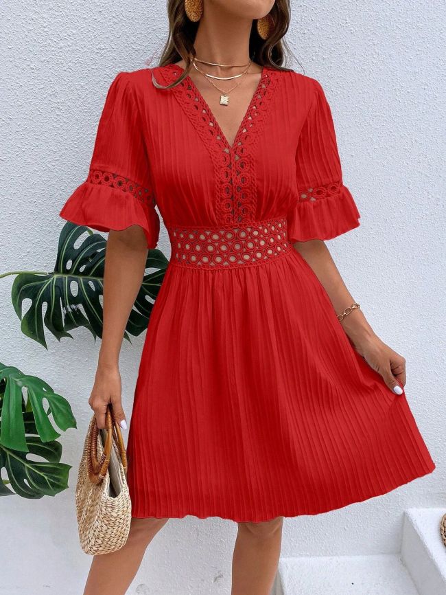Women's 2024 Sexy V-Neck Mini Dress Solid Short Sleeve Hollow Out Waist Holiday Dress