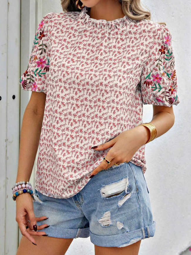 Women's 2024 Embroidery Floral Short SleeveT-Shirt High Collar Cute Tee