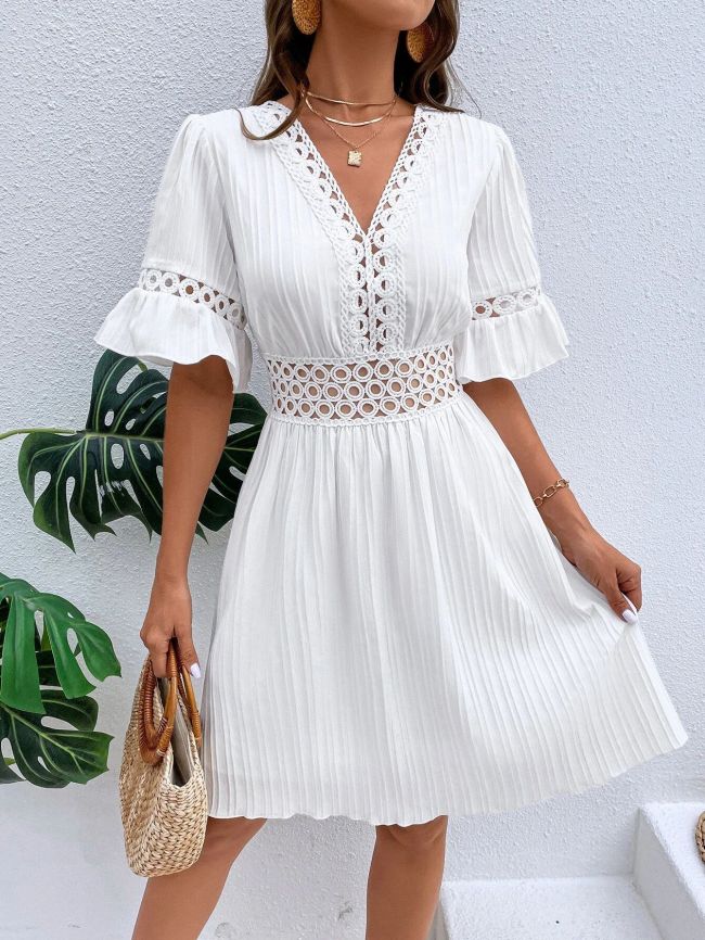 Women's 2024 Sexy V-Neck Mini Dress Solid Short Sleeve Hollow Out Waist Holiday Dress