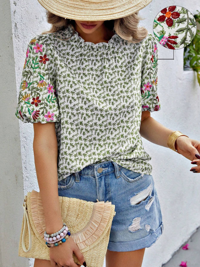 Women's 2024 Embroidery Floral Short SleeveT-Shirt High Collar Cute Tee