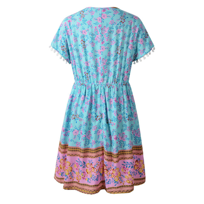 Women's 2024 Bohemian Dress Short Sleeve V-Neck Floral Print Holiday Beach Dress