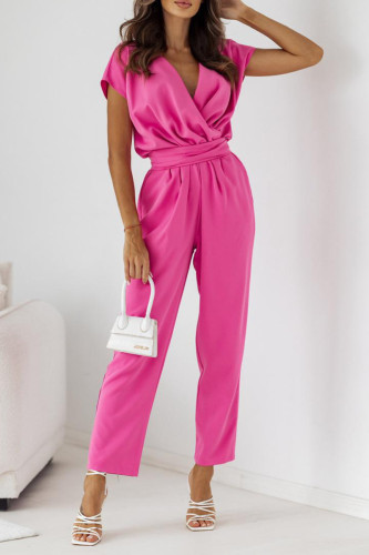 Women's 2024 Casual British Style Solid V Neck Straight Jumpsuit Overall