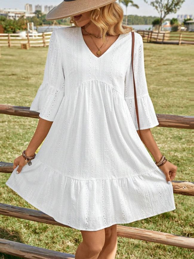 Women's 2024 Boho Dress Mid Ruff Sleeve V-Neck Holiday Beach Dress