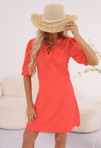 Women's 2024 Solid Casual Dress V-Neck Mid Sleeve A Line Summer Dresses