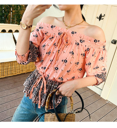 Women's Boho Blouse Top Summer Vacation Style Floral Print Bohemian Off Shoulder Pullover Top