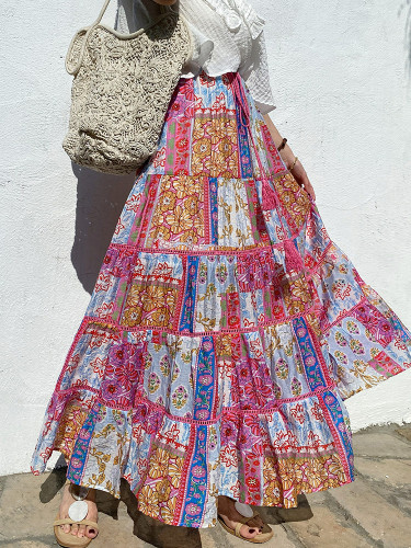 Women's Boho Skirt Colorful Split Floral Patchwork Cotton Bohemian Skirt Designer Vacation Beach Skirt