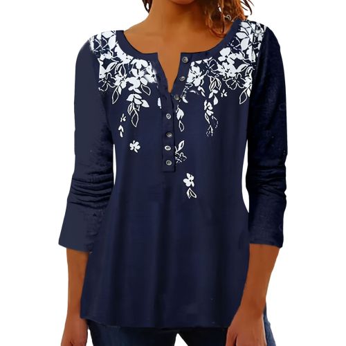 Women's Vintage T-Shirt V-Neck Long Sleeve Blue Floral Print Casual Tee