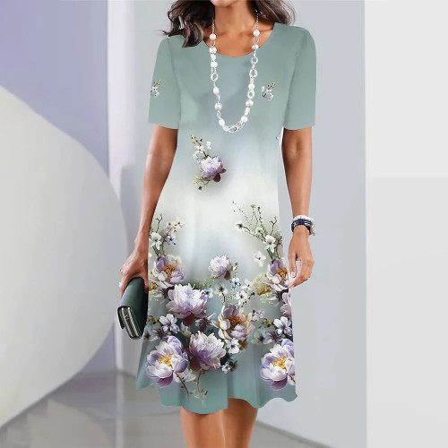 Women's 2024 Casual Dress Crew-Neck Floral Print Ladies Dress Summer Dress
