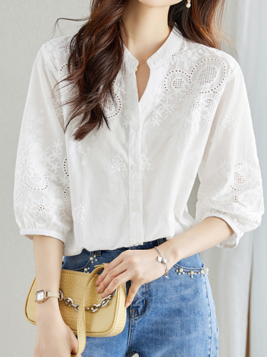 Women's Elegant Shirt 100% Cotton V-neck Embroidered Hollow Out Shirt
