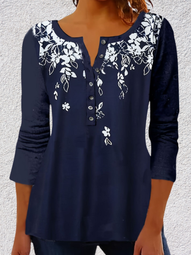 Women's Vintage T-Shirt V-Neck Long Sleeve Blue Floral Print Casual Tee