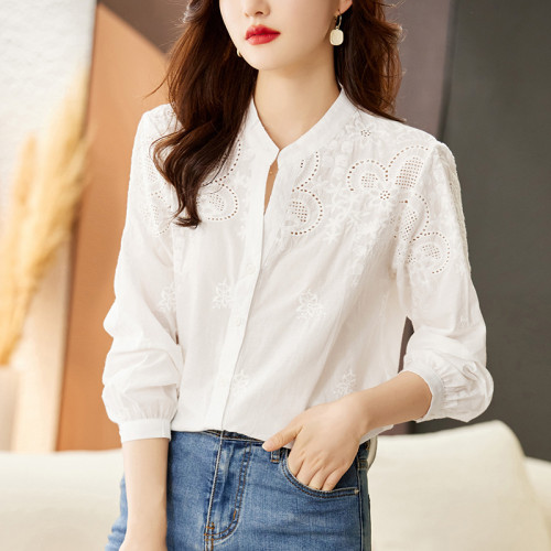 Women's Elegant Shirt 100% Cotton V-neck Embroidered Hollow Out Long Sleeve White Shirt